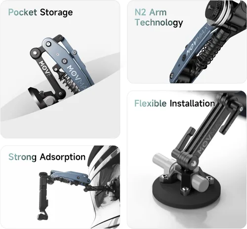 Vista 4 de Movmax Brazo de cuchilla para DJI Pocket 3, insta360/Gopro Hero, soporte de cámara con ventosa con tornillo de 1/4, DJI Osmo Pocket 3 Accesorios