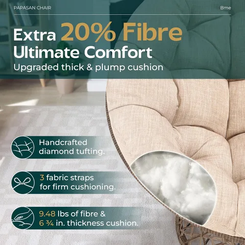 Vista 4 de Bme Silla Papasan ergonómica de mimbre de 40 pulgadas con cojín y marco suaves y gruesos, giro de 360°, círculo, lectura, silla cómoda para sala