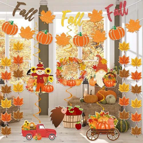 Vista 6 de Suministros de decoración de fiesta de otoño, NO DIY, el juego de decoración del hogar de otoño incluye pancarta de otoño con purpurina, guirnalda