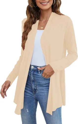 Vista 2 de Ladlop Cárdigan ligero con frente abierto para mujer, manga larga, casual, suave, drapeado, cárdigan de otoño