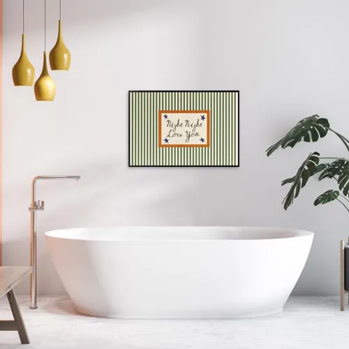 Vista 7 de Arte de pared moderno de mediados de siglo para guardería, impresión de paisaje retro a rayas con cita nocturna de amor, estilo vintage, póster