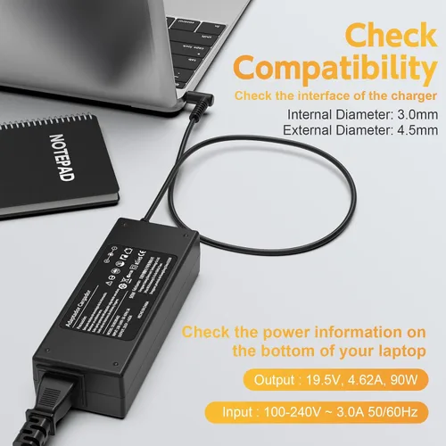 Vista 2 de Cargador para laptop de 90 W compatible con HP Pavilion X360 11 13 14 15 17; Envy 13 15 17 M6 M7 X360, Stream 11 13 14 adaptador de CA; Spectre X360