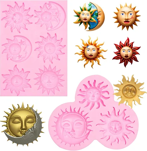 Vista 10 de Juego de moldes de silicona, formas de estrella de sol y luna, rosa, moldes para hornear dulces de chocolate, 5 piezas con temática celestial