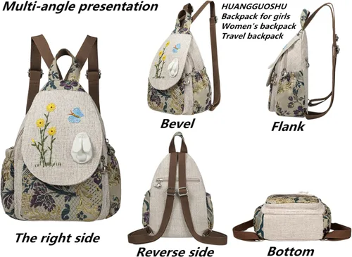 Vista 124 de HUANGGUOSHU Mochila de algodón tejida de algodón bohemio con bordado de lona estilo bohemio con múltiples bolsillos retro linda mochila cartera