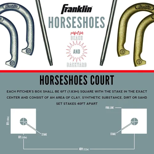 Vista 4 de Franklin Sports - Juego de herradura para caballos que incluye 4 herraduras y 2 estacas para jugar en la playa o en el patio trasero, juego clásico