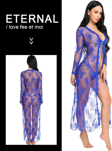 Vista 3 de Lencería para mujer sexy, largo vestido de encaje transparente vestido transparente de bata Kimono Azul
