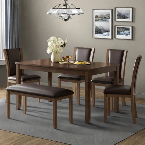 Vista 6 de Juego de mesa de comedor para 6, juego de mesa de comedor de 6 piezas estilo granja con mesa rectangular, 4 sillas tapizadas con respaldo y banco