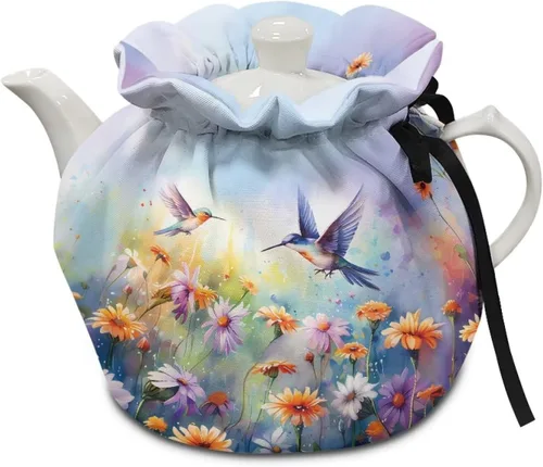 Vista 20 de DISNIMO Funda de tetera aislada a prueba de polvo con diseño floral de colibrí, para mantener el calor, accesorios decorativos, colcha