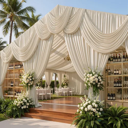 Vista 4 de Cortina de techo beige de 20 x 40 pies para bodas, 4 paneles sin arrugas, 40 pies de largo, cortinas drapeadas para bodas, cumpleaños y fiestas