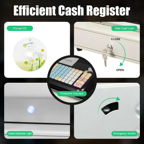 Vista 8 de Caja registradora electrónica, caja registradora comercial de 48 llaves con pantalla LED y cabezal de impresora térmica, 4 billetes 5 monedas