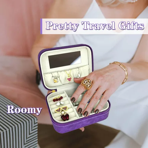 Vista 6 de Organizador de joyas de viaje, regalo para mujeres y niñas, caja de joyería de viaje grande portátil, estuche de joyería de viaje morado
