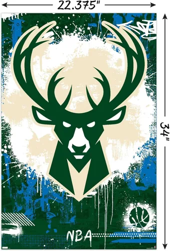 Vista 3 de NBA Milwaukee Bucks - Póster de pared con logotipo Maximalist 23, 34 pulgadas de largo x 22.4 pulgadas de ancho, versión sin marco
