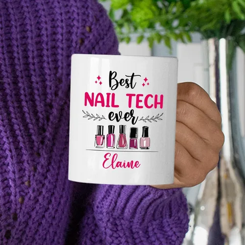 Vista 3 de Taza de cerámica Best Nail Tech Ever – Taza de cerámica personalizada con nombre de manicurista para compañero de trabajo – Nuevos regalos