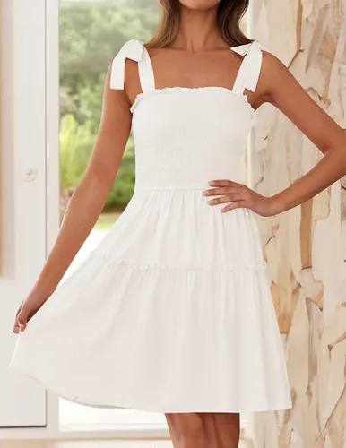 Vista 2 de ZESICA Vestido corto de verano para mujer, con tirantes delgados, sin mangas, cuello cuadrado, volantes, acampanado, con vuelo