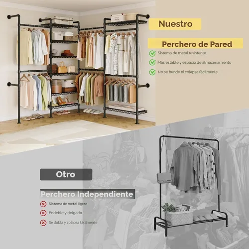 Vista 6 de ONBRILL L4 - Perchero industrial de tubería para montar en la pared, sistema organizador de armario con 6 barras de ropa colgantes