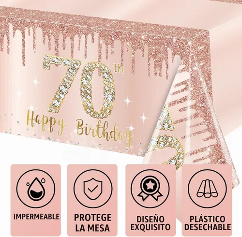 Vista 3 de Pack de 3 manteles de cumpleaños número 70 para mujer, rosado y dorado, mantel de plástico desechable rectangular para fiesta de cumpleaños número