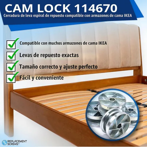 Vista 2 de ReplacementScrews Candados de leva para marco de cama compatibles con IKEA Part 114670 (MALM, SONGESAND, BRIMNES) (paquete de 1)