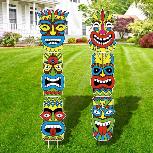 Vista 7 de Letreros grandes de Luau Tiki para patio, 6 piezas con estacas para exteriores, césped, playa, arena, decoraciones de fiesta de verano con temática