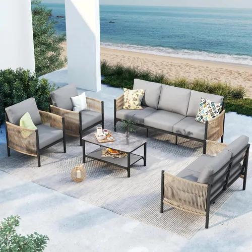 Vista 10 de Sofá de dos plazas de aluminio para patio exterior, sofá de patio de cuerda HDPE con cojín grueso lavable, muebles de patio para todo tipo de clima