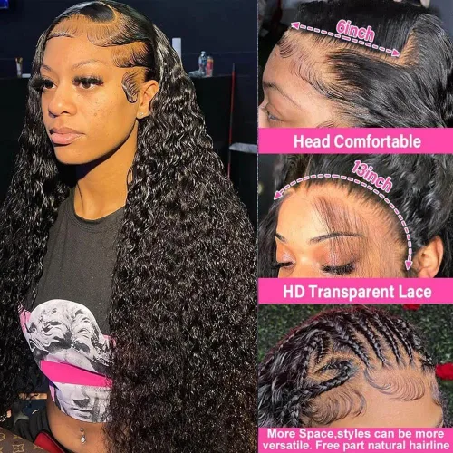 Vista 2 de Pelucas de cabello humano ondulado profundo de 13 x 6 pulgadas, pelucas de cabello humano prearrancado HD con encaje frontal, densidad del 200%, sin