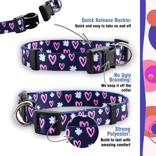 Vista 4 de Native Pup Colección de collares para perras, bonitos patrones femeninos rosados para cachorros, corazones, rosas, flores, camuflaje, lunares