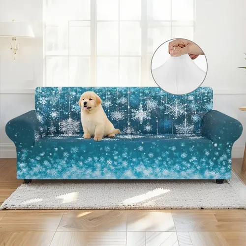 Vista 4 de Boatee Fundas de sofá de 1 pieza con diseño de copo de nieve azul, fundas elásticas para sofá, 1 cojín, protección de muebles, decoración para sala