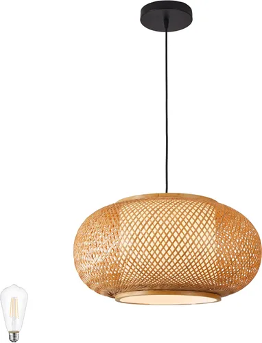 Vista 8 de Lámpara colgante de bambú rústica, luz colgante de tejido de cesta de 38 cm.