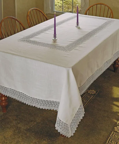 Vista 2 de Treasure Macramé Lace - Aspecto de lino - Mantel color crema 70 x 108 pulgadas, oblongo/rectangular