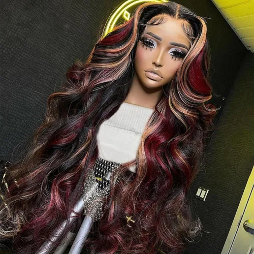 Vista 8 de abgese Peluca de cabello humano ondulado con reflejos rojos, pelucas de cabello humano ondulado con encaje frontal, densidad del 180 %, encaje