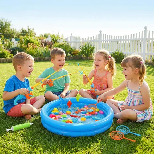 Vista 6 de Juego de pesca magnético, juguetes de piscina para niños, mesa de agua, tina, juguete de pesca con piscina inflable, piscina de agua juguetes al
