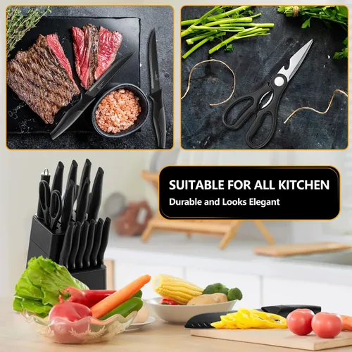 Vista 6 de E-far Juego de cuchillos con bloque, juego de 15 piezas de cuchillos de cocina con afilador, juego de cuchillos de chef de acero inoxidable de alto