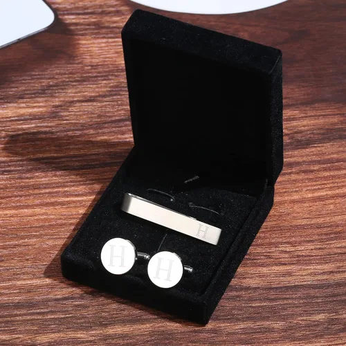 Vista 18 de LOYALLOOK - Gemelos de acero inoxidable grabados con inicial y clip de corbata, diseño de letras del alfabeto con caja de regalo, A-Z