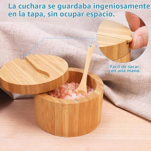 Vista 3 de Sal de bambú HTB con mini cuchara y tapa giratoria magnética Kitchen Salt Box 8 Oz for Countertop,Round Salt Container to Storage Pepper Spice