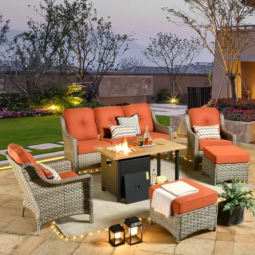 Vista 75 de HOOOWOOO Sofá de patio de 3 plazas de mimbre para exteriores, resistente a todo tipo de clima, con respaldo alto, muebles a juego (beige y bronceado)