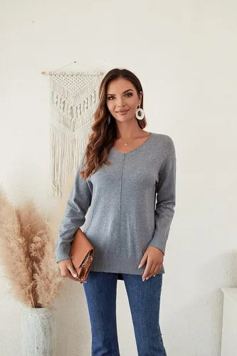 Vista 6 de MicroStar Suéter de punto para mujer, casual, ligero, con cuello en V, manga de murciélago, suelto, sin botones