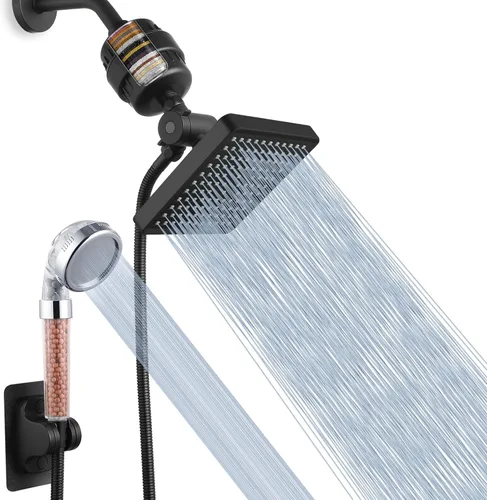 Vista 10 de Voolan Juego de cabezal de ducha filtrado, ducha de lluvia de alta presión con cabezal de ducha de mano, soporte autoadhesivo/manguera de 59