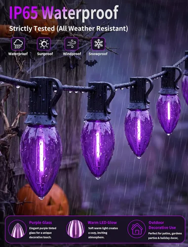 Vista 5 de 25 Pack C7 E12 Purple LED Replacement Bulbs for Outdoor String Lights 0.6W Design, 120V, Dimmable design, IP65 Shatterproof Plastic for Halloween