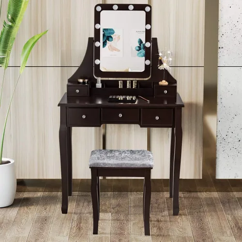 Vista 9 de DORTALA Juego de mesa de tocador con espejo rectangular de 360 grados y taburete acolchado, mesa de maquillaje con 10 bombillas LED regulables
