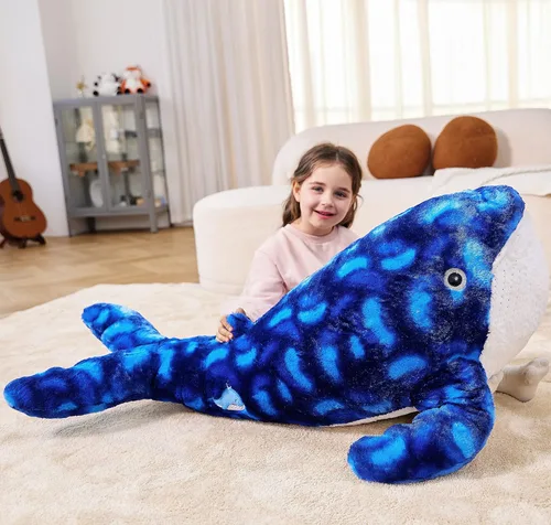 Vista 4 de IKASA Juguete de peluche grande de ballena azul, gigante, de 43 pulgadas, lindos juguetes suaves jumbo, enorme tamaño grande, esponjoso, oso
