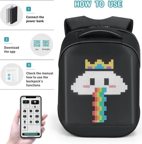 Vista 3 de Mochila para laptop con pantalla programable, mochila LED para laptop con control de aplicación, bolsa LED impermeable, viajes, mochila