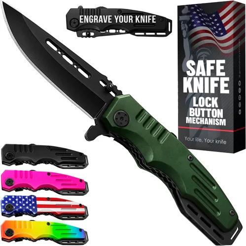 Vista 15 de Navaja de bolsillo con bloqueo de seguridad - Hoja afilada de 3.4 pulgadas - Cuchillo táctico plegable con mango de aluminio - Herramienta ideal