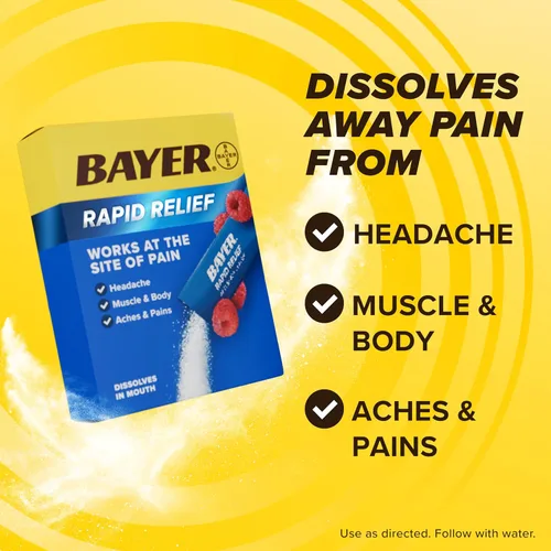 Vista 2 de Bayer® Alivio rápido, sabor a frambuesa soluble, paquetes de polvo con aspirina y cafeína, alivio del dolor de cabeza de acción rápida, alivio