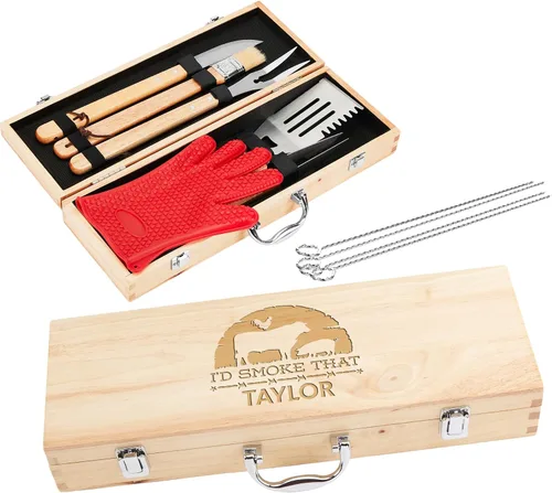 Vista 15 de Juego de parrilla BBQ de 11 piezas con caja de madera de arce grabada, herramientas de barbacoa de acero inoxidable premium con mangos de madera