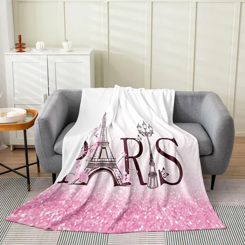 Vista 6 de Feelyou Manta de felpa de la Torre Eiffel con purpurina, color azul, morado, pastel, para todas las estaciones, manta de cama para niños, manta