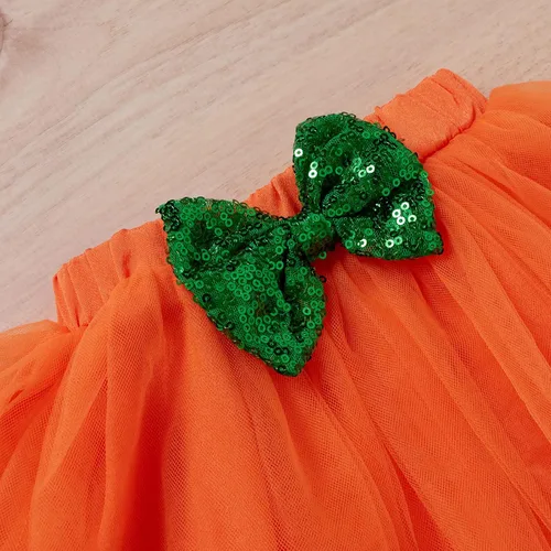 Vista 4 de Disfraz de Halloween para bebé niña con volantes de manga larga con fantasma de calabaza + falda tutú de tul, calentador de piernas + diadema