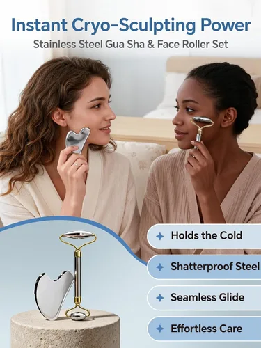 Vista 2 de Rodillo facial de acero inoxidable y herramientas faciales Gua Sha, masajeador facial para cuidado personal, rodillo para cara, escultura