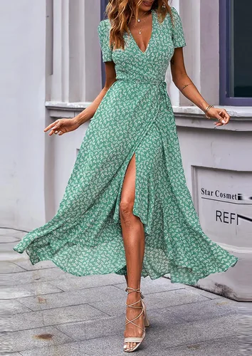 Vista 4 de PRETTYGARDEN - Vestido largo de verano cruzado para mujer, con cuello en V, estilo bohemio, floral, manga corta, dobladillo con volantes