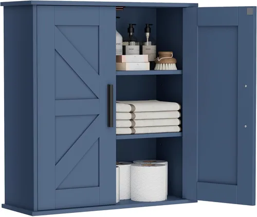 Vista 12 de Homleke Armario de pared para baño, armario de almacenamiento sobre inodoro con puertas de granero y estantes ajustables, botiquín de 3 niveles
