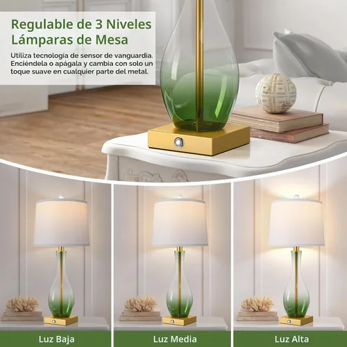 Vista 2 de Juego de 2 lámparas de mesa de cristal de 27 pulgadas, lámpara de mesita de Verde