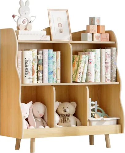 Vista 7 de Estantería para niños y organizador de juguetes Treocho, estantería de madera para niños de 3 niveles con diseño curvo, 5 compartimentos